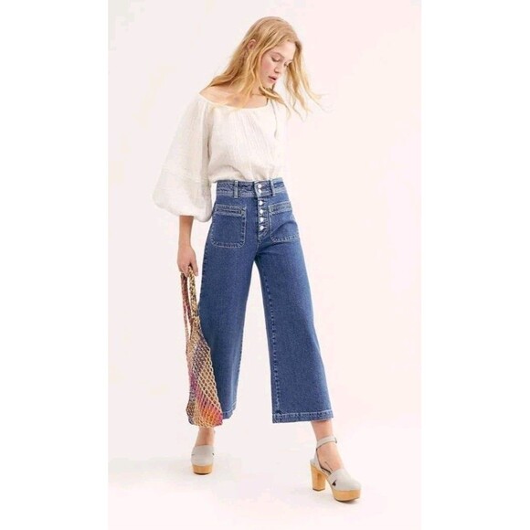 We The Free Denim - WE THE FREE Colette Crop High-Rise Wide-Leg Button-Fly Jeans Denim Womens 25